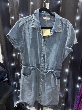 Denim Shirt Mini Dress with Tie Waist - Light Blue